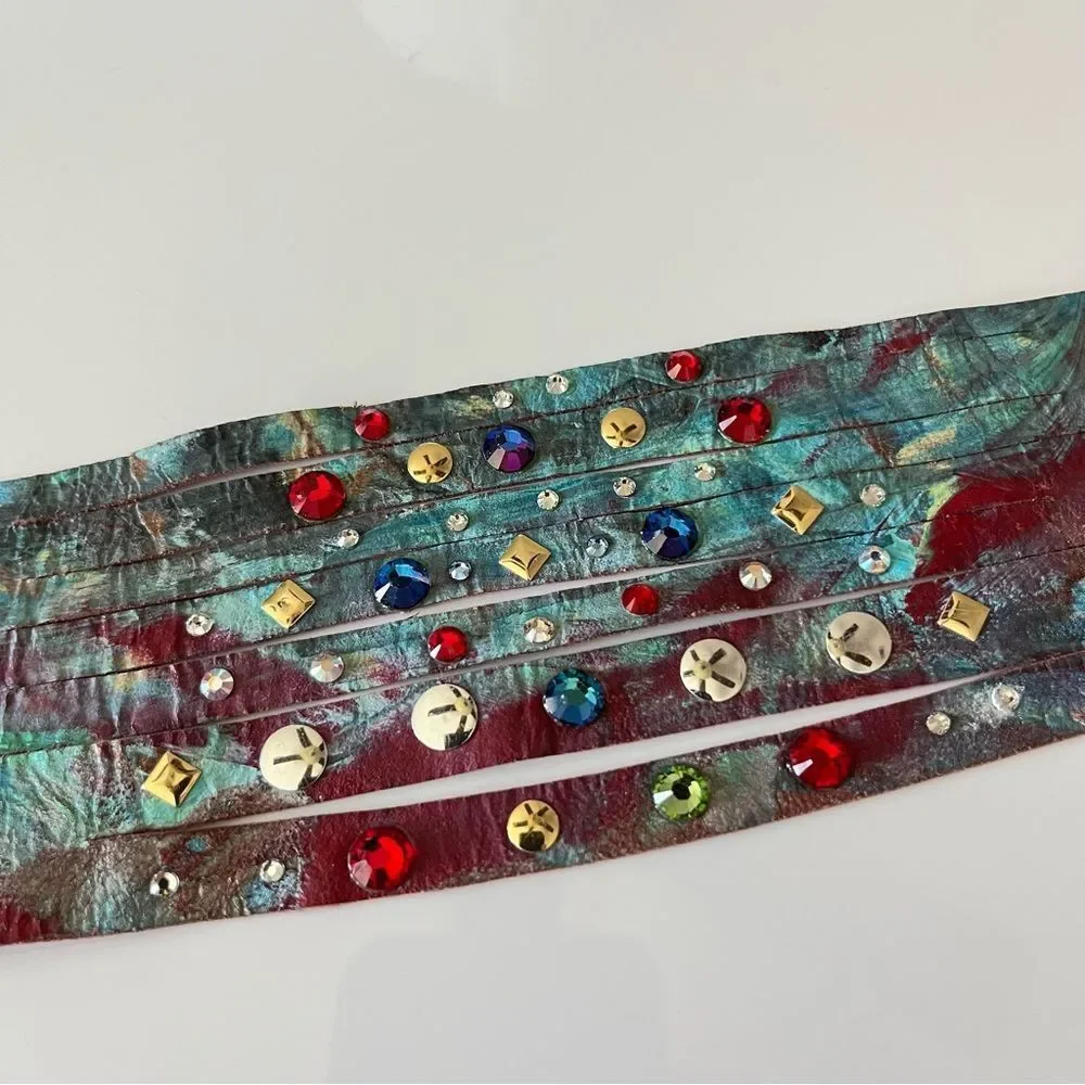 Hand Painted Rhinestone Studded Leather Bracelet